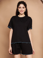 Black Solid Hosiery Night Suit