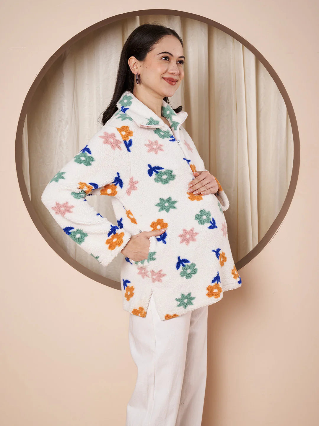 White Floral Fur Winter Maternity Pullover