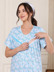 Blue Floral Pure Cotton Maternity Nighty