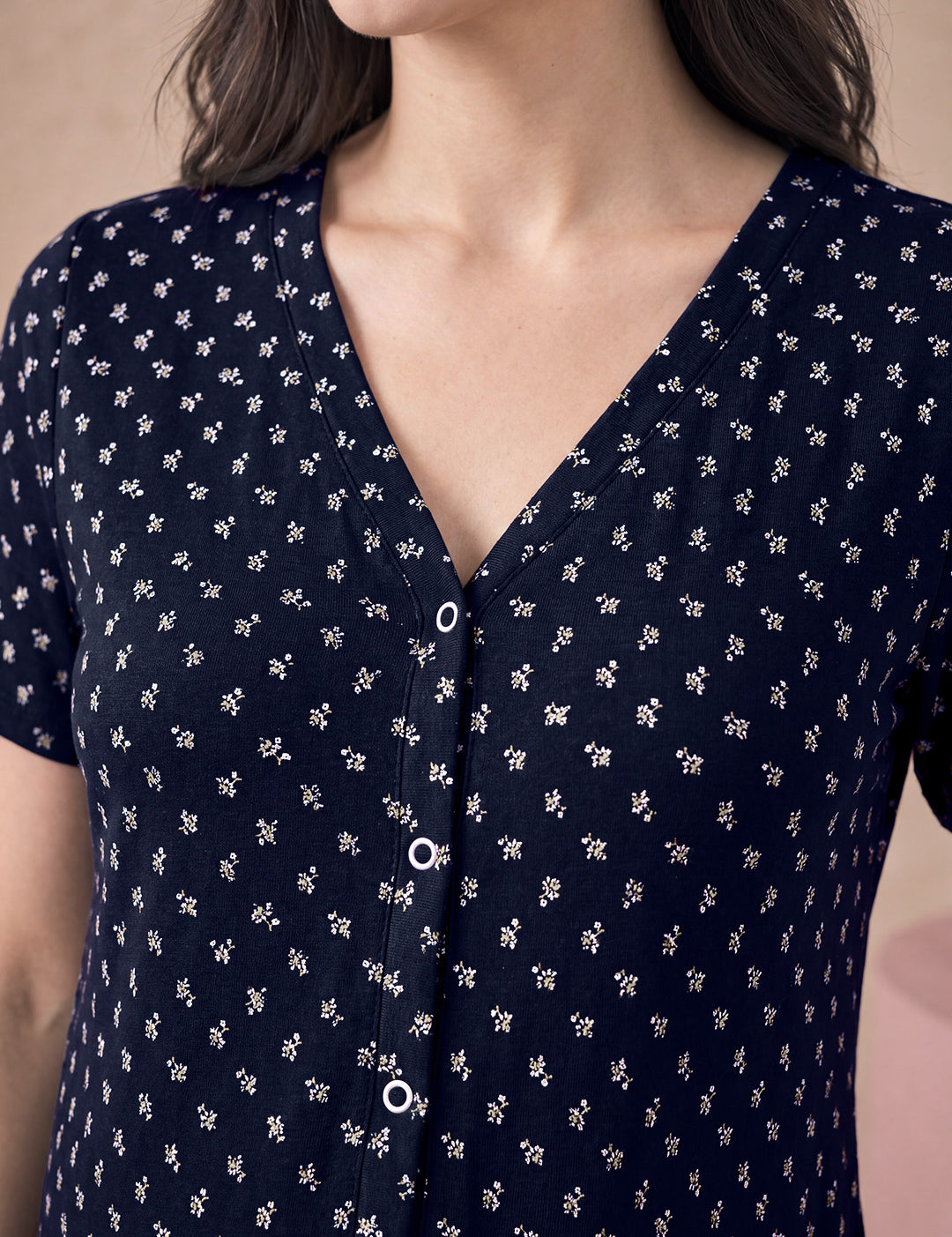 Navy Blue Printed Hosiery Zipless Maternity Nighty