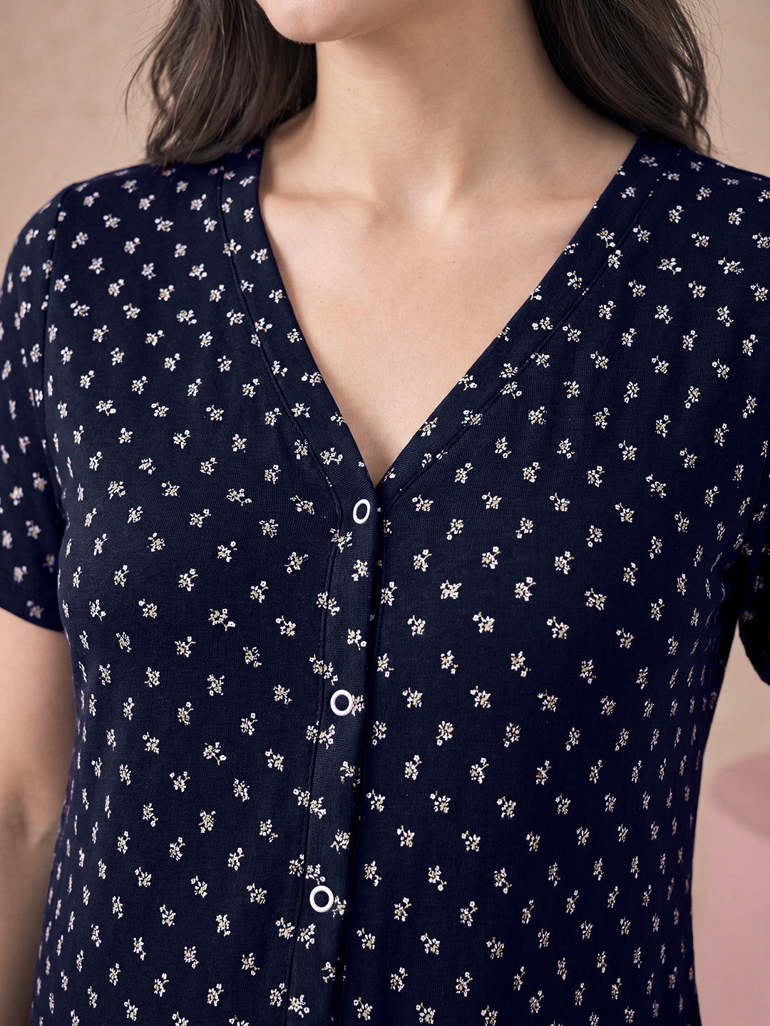Navy Blue Printed Hosiery Zipless Maternity Nighty