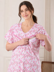 Pink Floral Pure Cotton Maternity Nighty