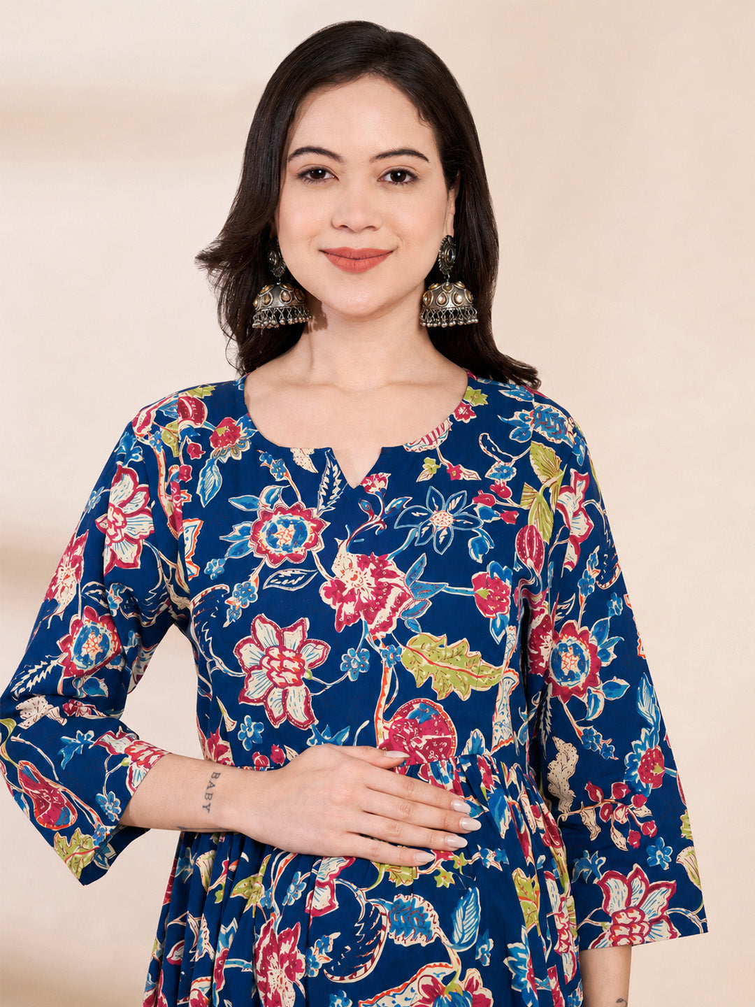Blue Floral Cotton Maternity Kurta with Trouser and Dupatta