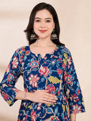 Blue Floral Cotton Maternity Kurta with Trouser and Dupatta