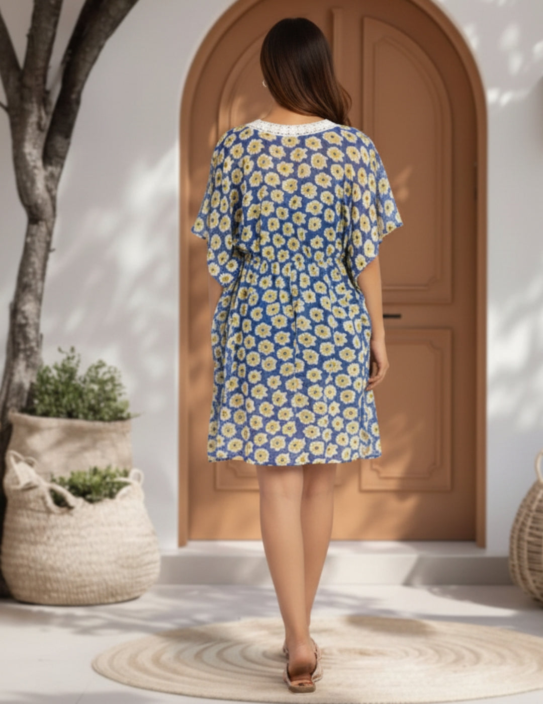 White and Blue Floral Swimwear Cover Up Kaftan