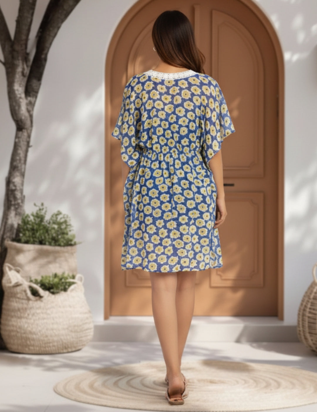 White and Blue Floral Swimwear Cover Up Kaftan