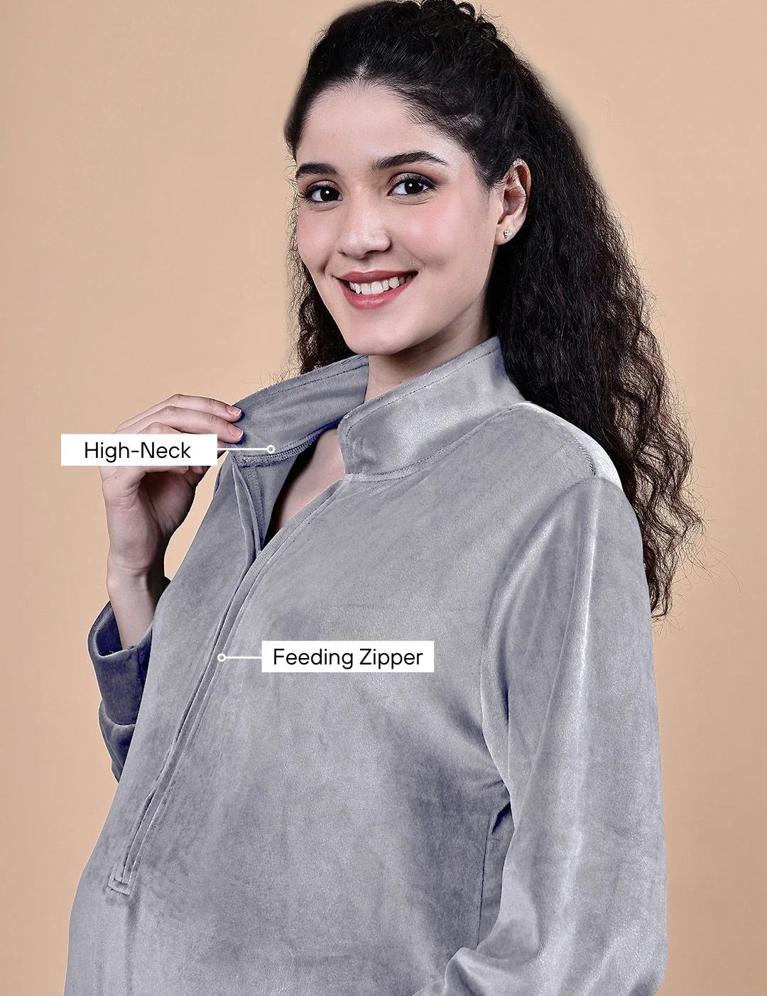 Grey Solid Velvet Winter Maternity Nighty