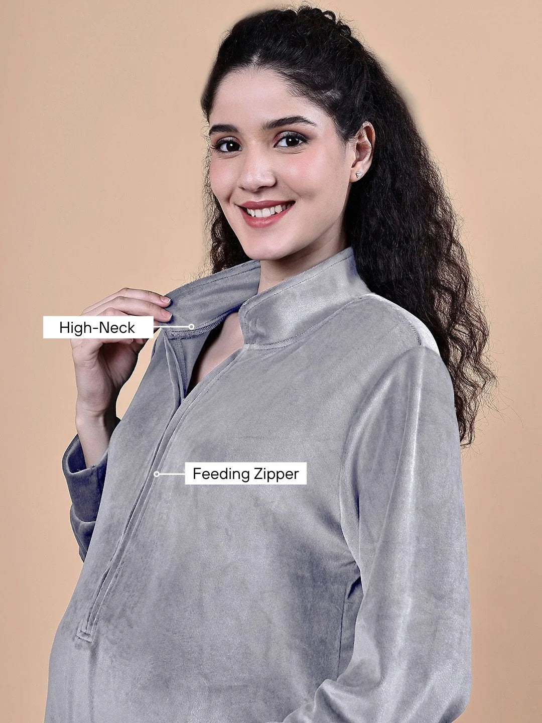 Grey Solid Velvet Winter Maternity Nighty