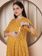 Mustard Floral Cotton Maternity Kurta with Trouser and Dupatta