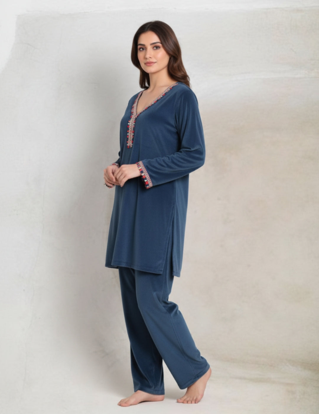 Teal Solid Velour Night Suit