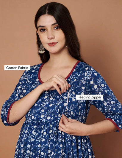Navy Blue Floral Cotton Maternity Kurta with Trouser and Dupatta