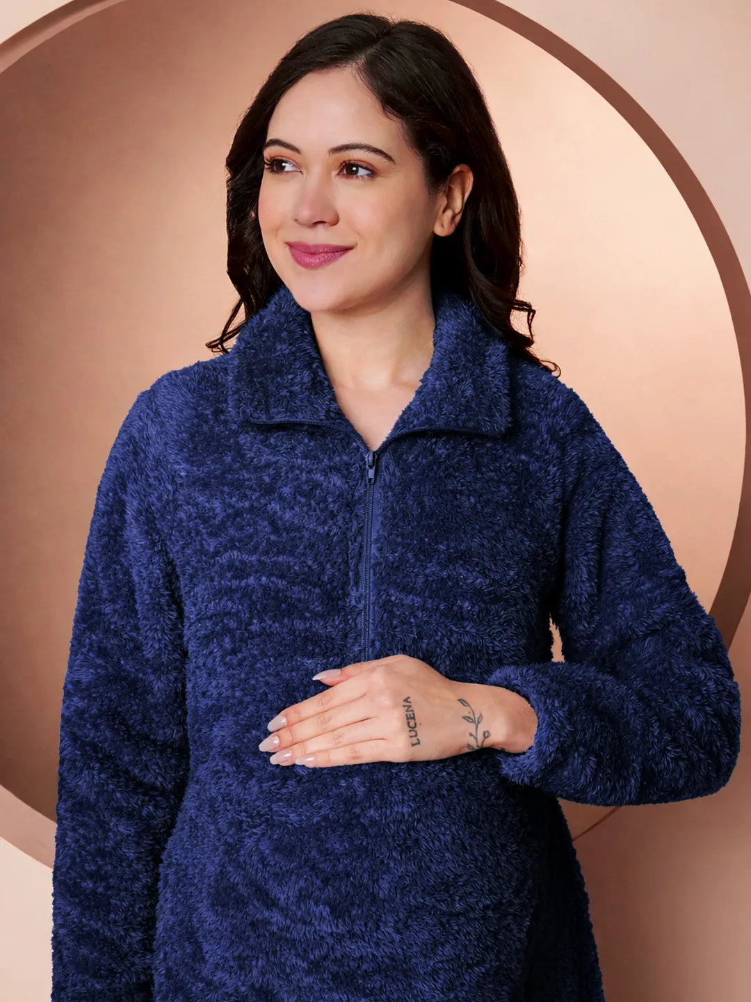 Navy Blanket Fur Maternity Winter Nighty