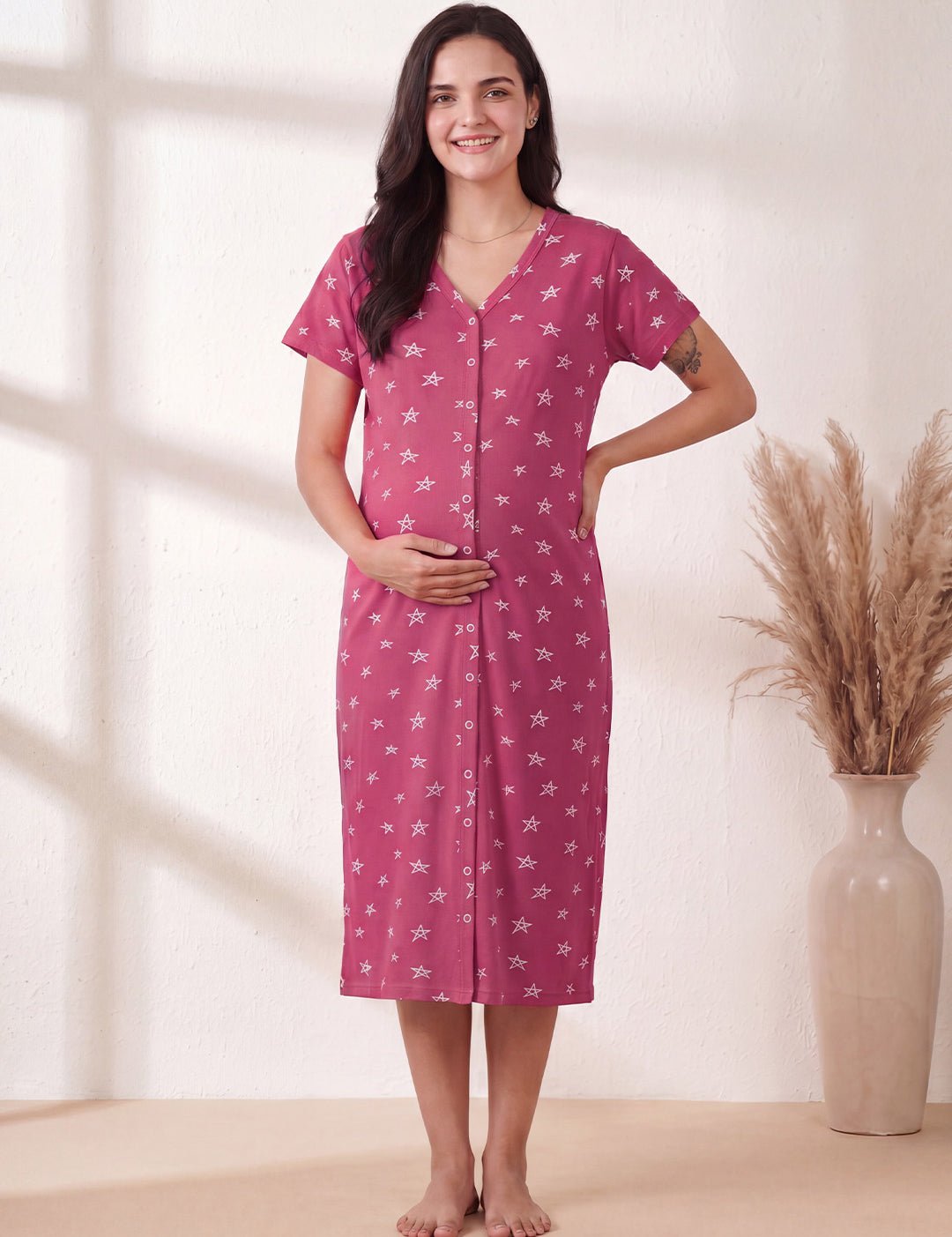 Pink Star Print Hosiery Zipless Maternity Nighty