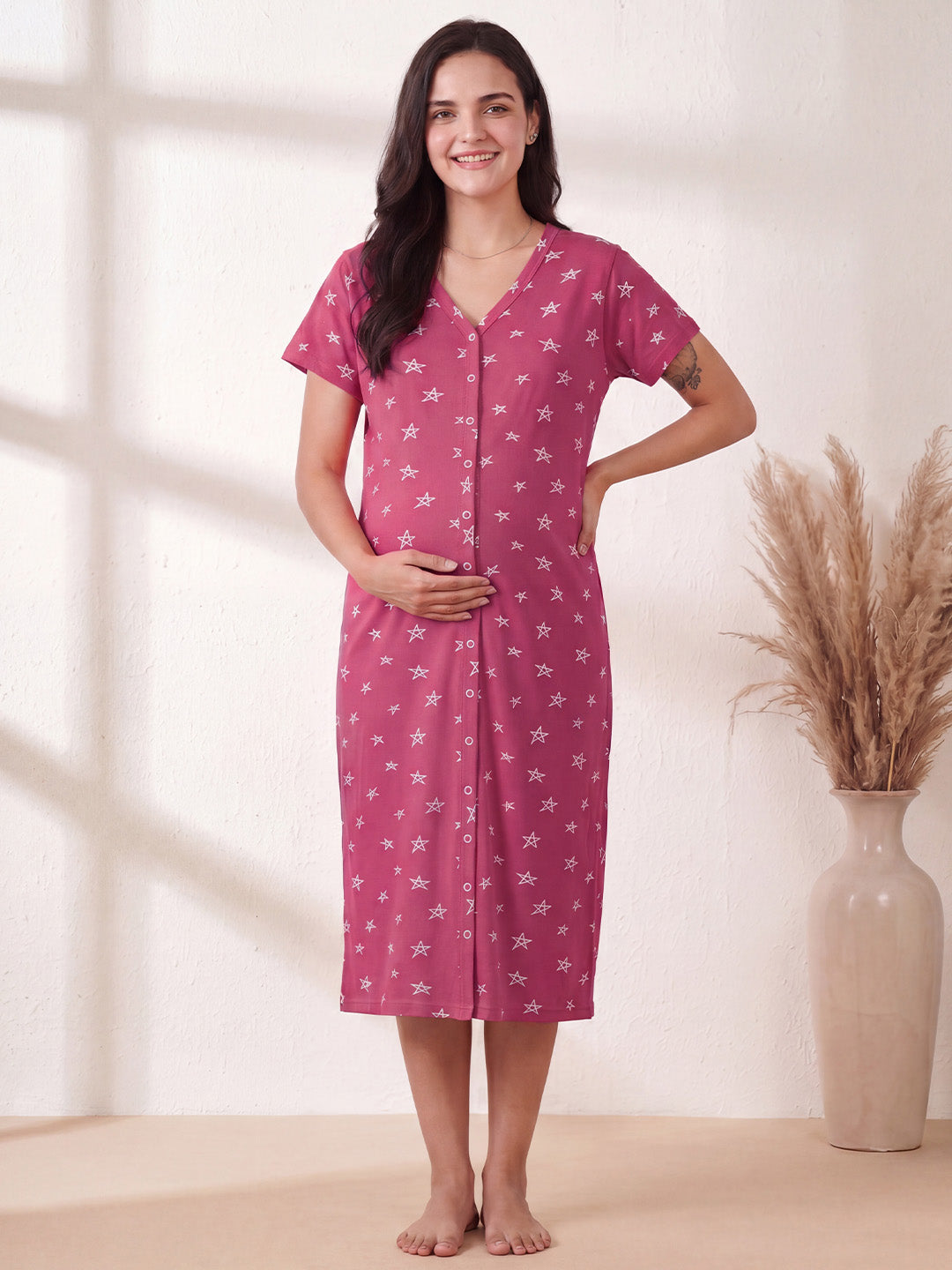 Pink Star Print Hosiery Zipless Maternity Nighty