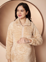Beige Blanket Fur Maternity Winter Nighty