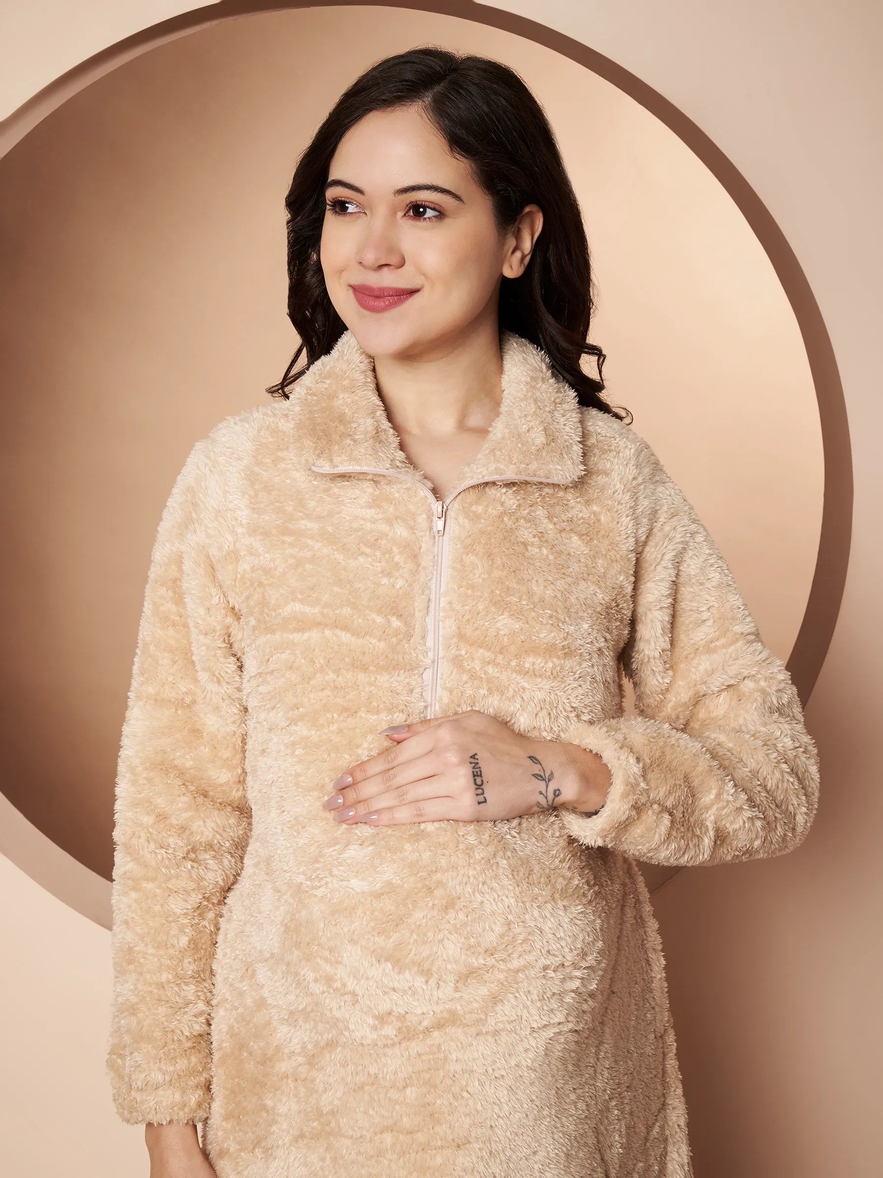 Beige Blanket Fur Maternity Winter Nighty