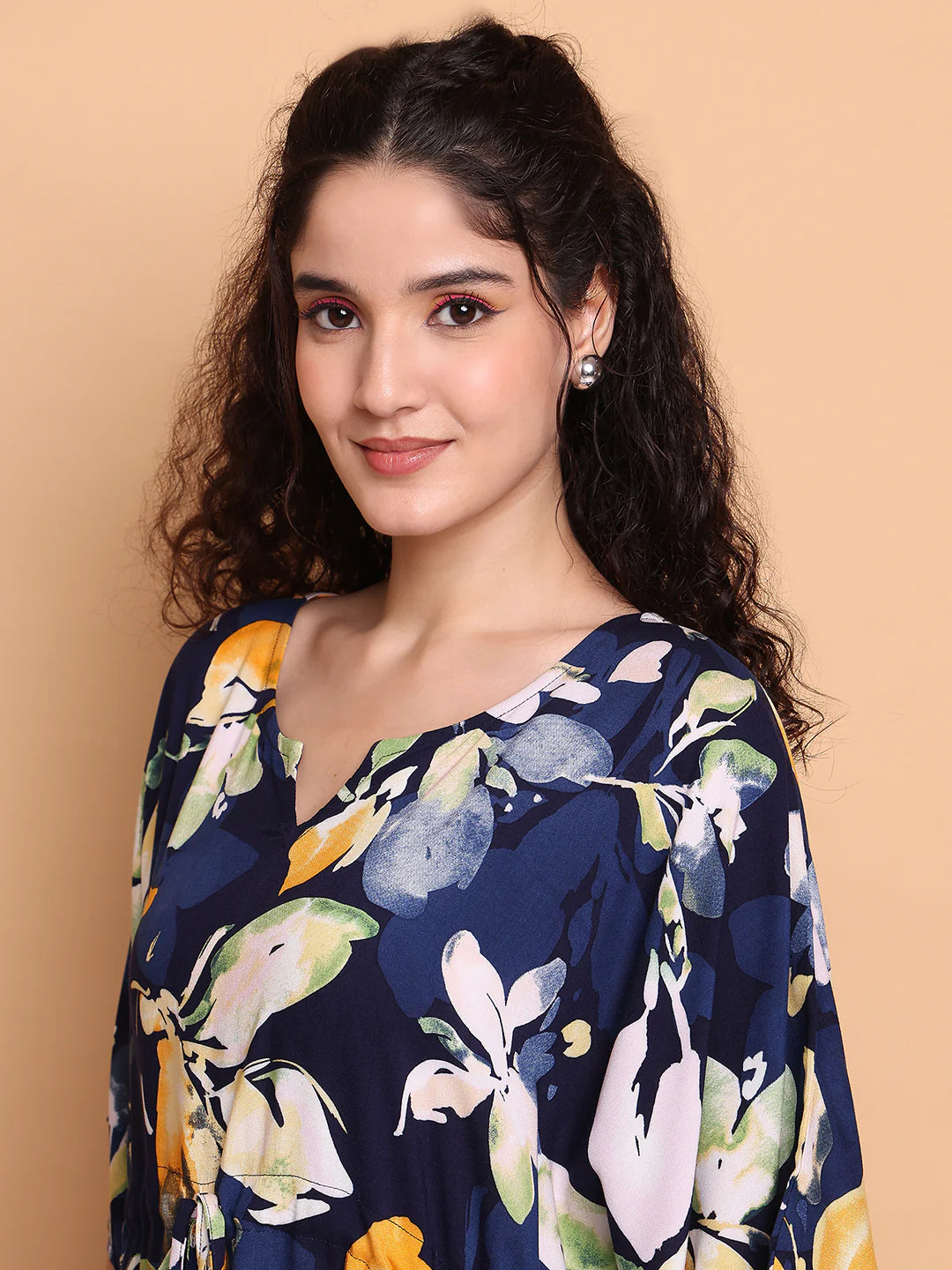 Navy Blue Floral Rayon Kaftan