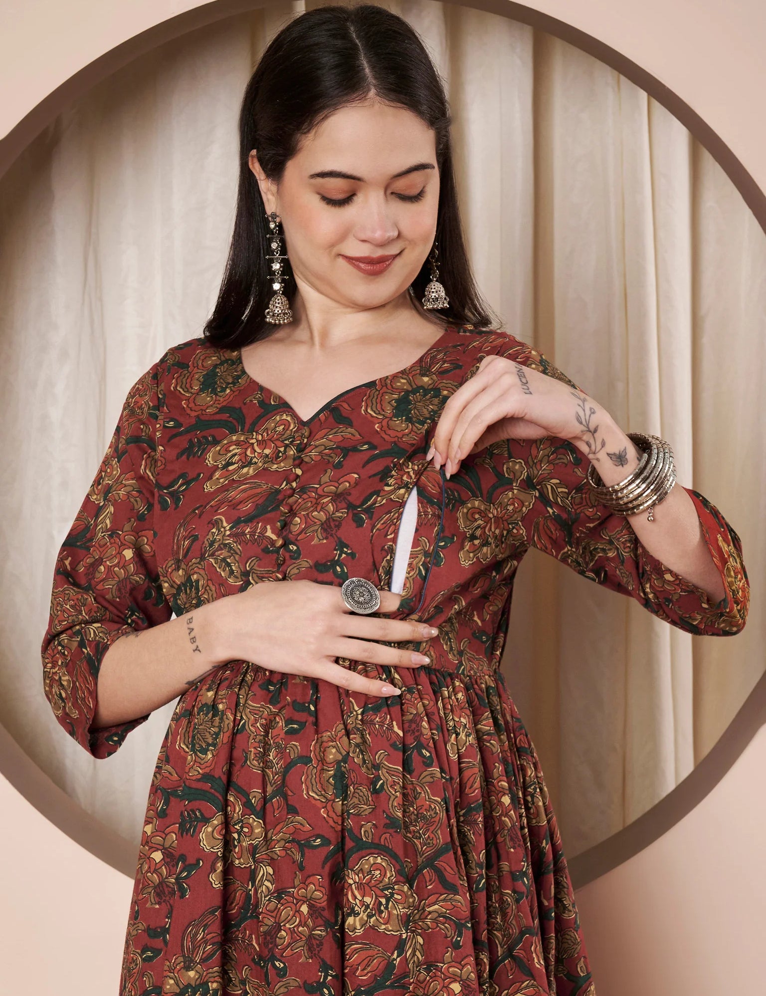 Rust Floral Cotton Maternity Kurta with Trouser and Dupatta