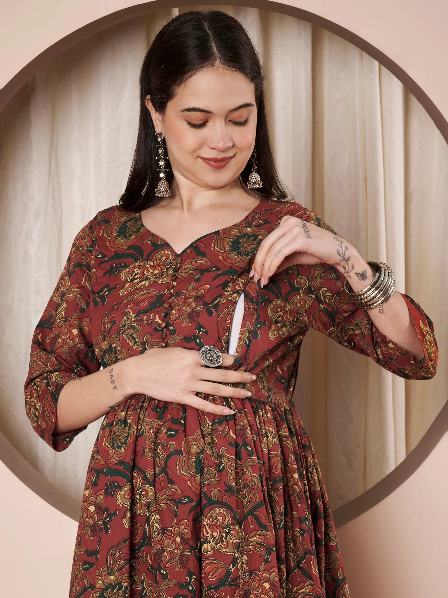 Rust Floral Cotton Maternity Kurta with Trouser and Dupatta