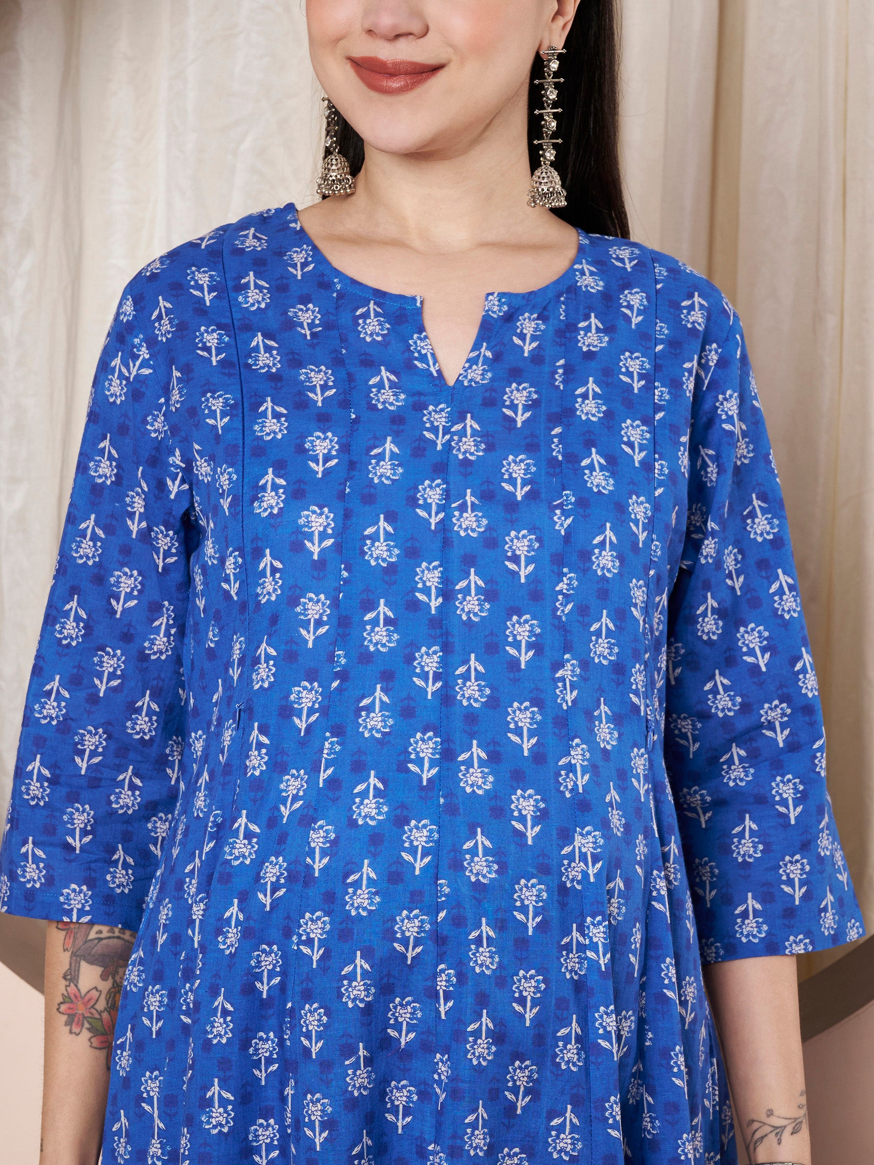 Blue Floral Cotton Maternity Kurta with Trouser and Dupatta