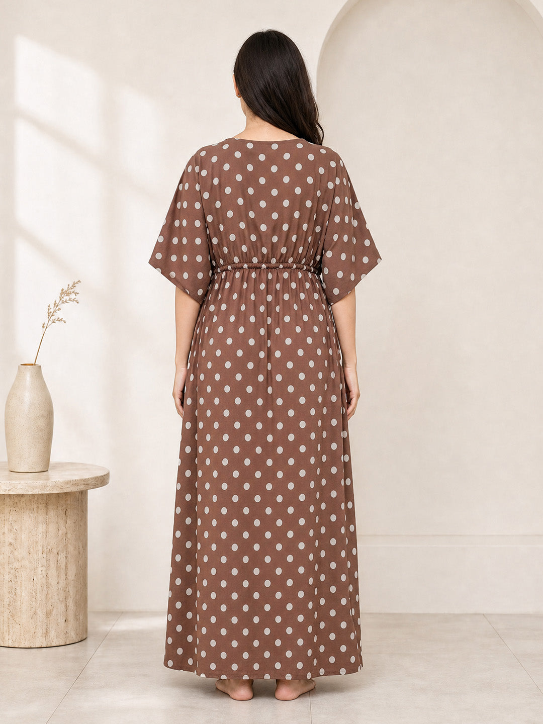 Brown Polka Dots Rayon Maternity Kaftan