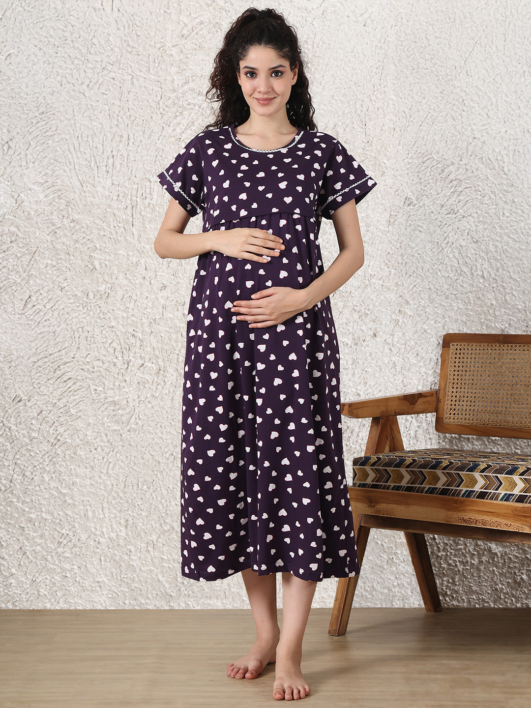 Violet Heart Print Hosiery Maternity Nighty