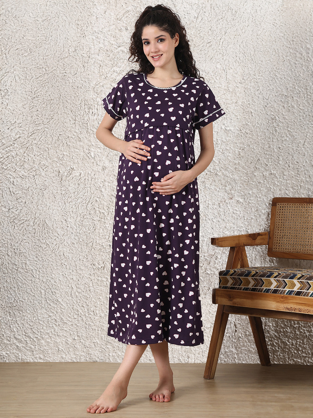 Violet Heart Print Hosiery Maternity Nighty