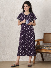 Violet Heart Print Hosiery Maternity Nighty