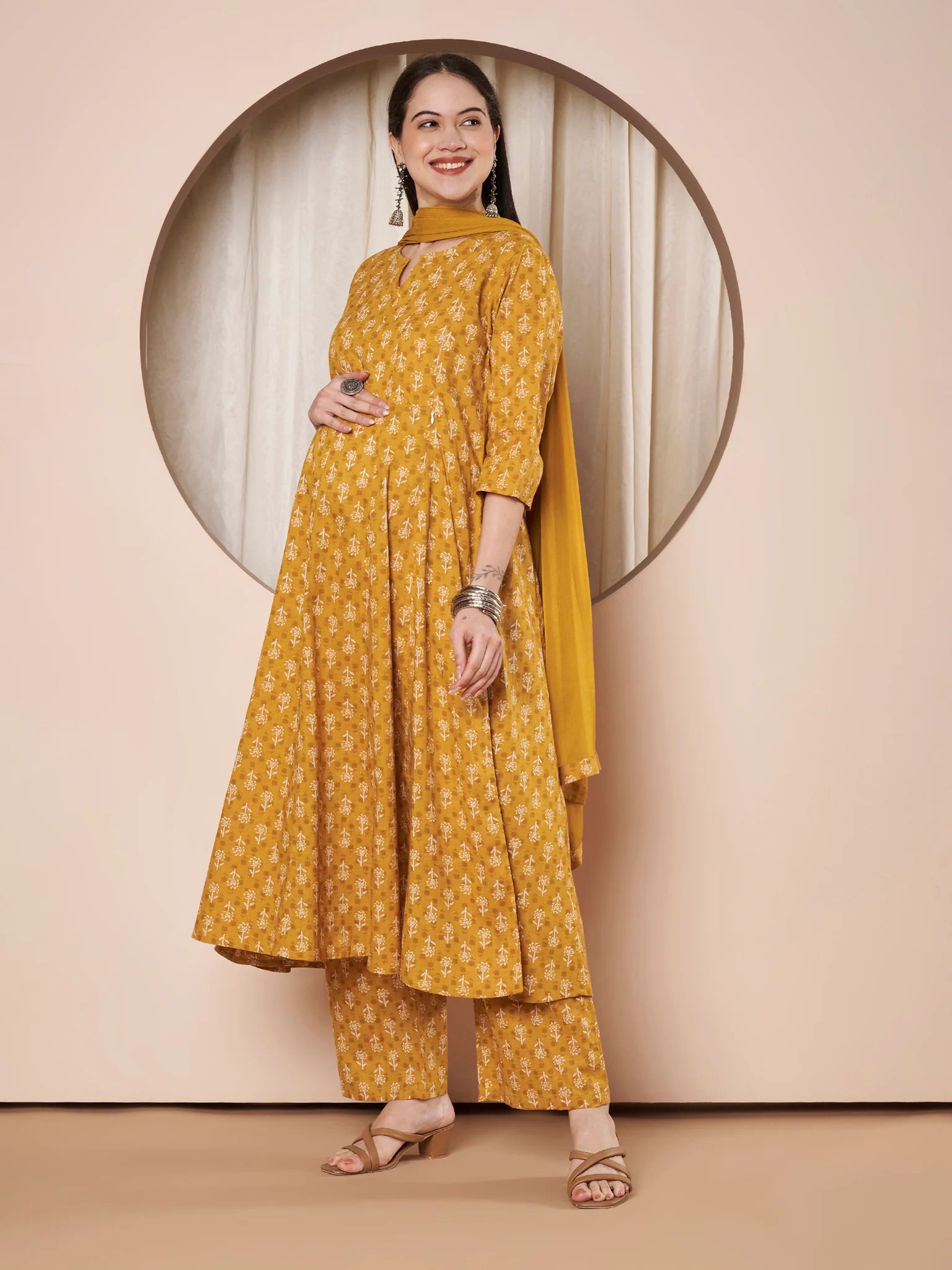 Mustard Floral Cotton Maternity Kurta with Trouser and Dupatta