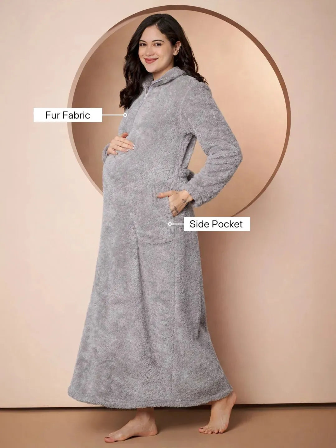 Grey Blanket Fur Maternity Winter Nighty