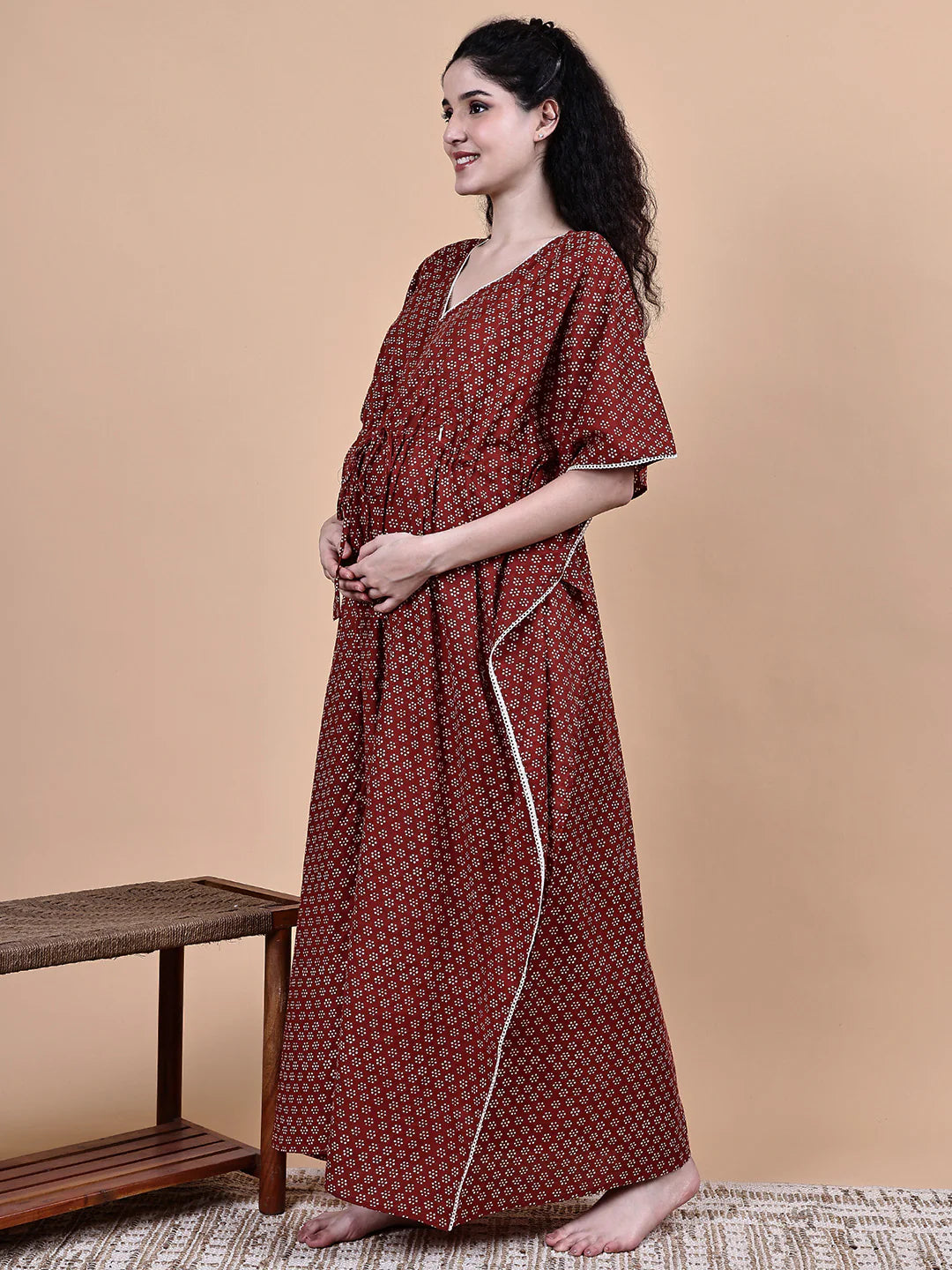 Maroon Floral Cotton Maternity Kaftan
