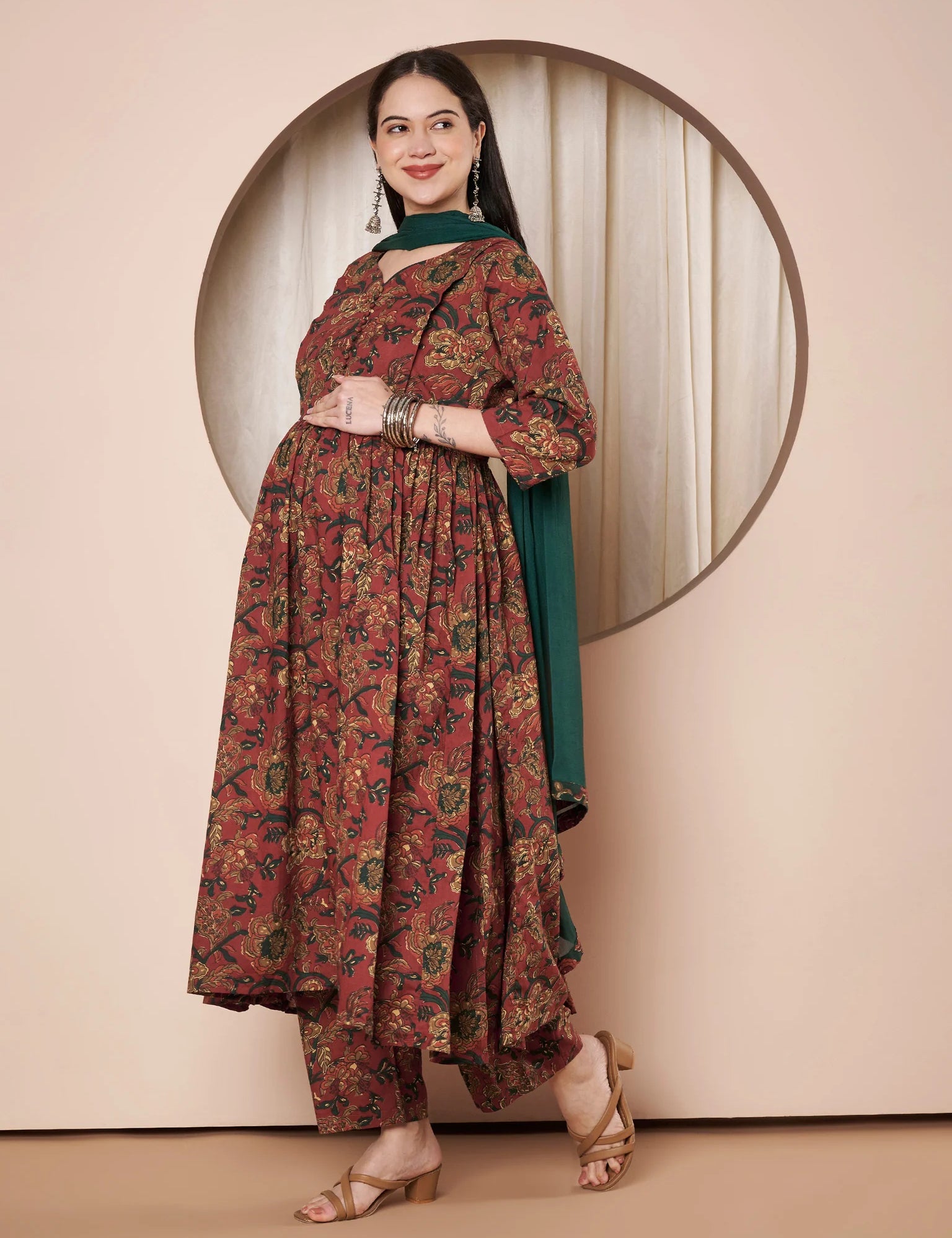 Rust Floral Cotton Maternity Kurta with Trouser and Dupatta