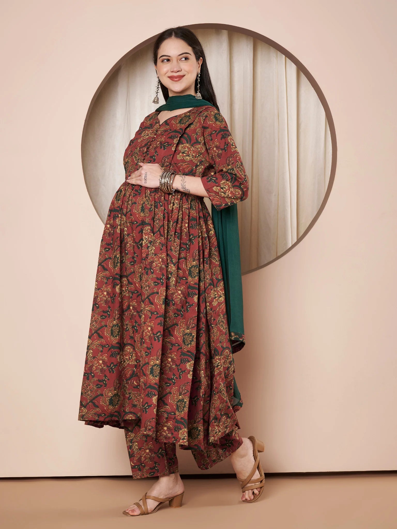 Rust Floral Cotton Maternity Kurta with Trouser and Dupatta