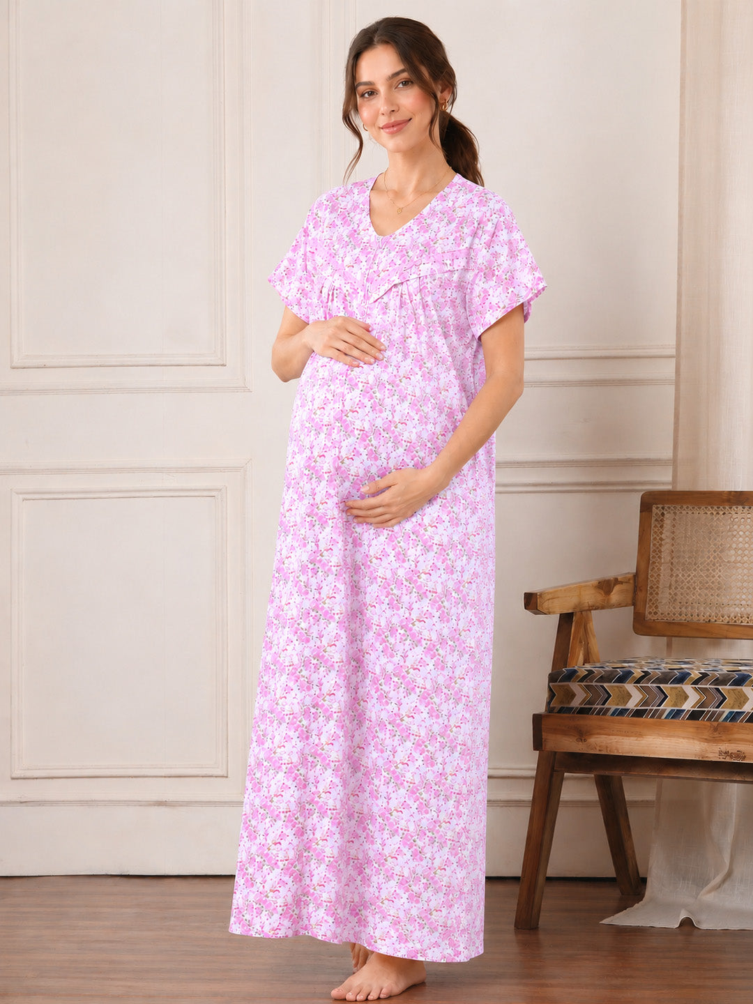 Pink Floral Pure Cotton Maternity Nighty