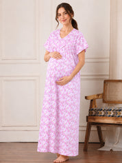 Pink Floral Pure Cotton Maternity Nighty