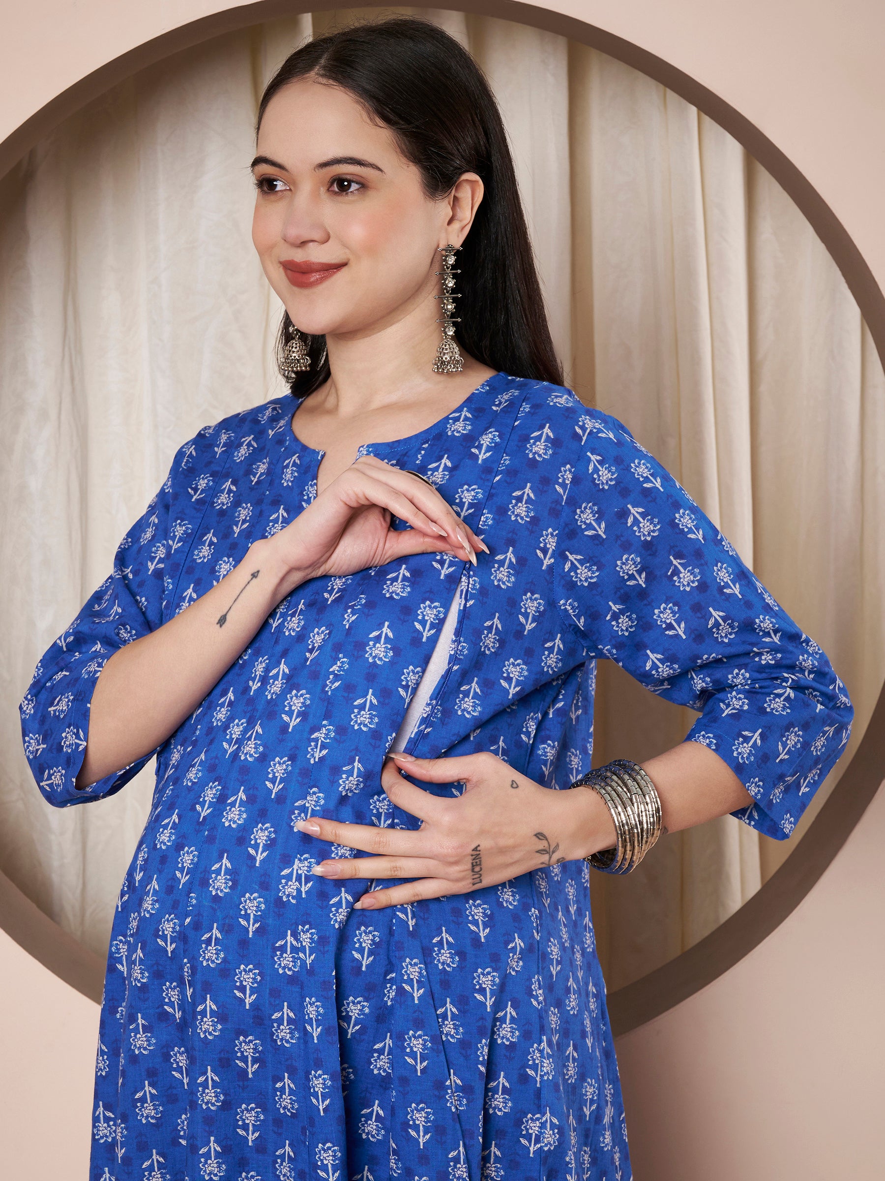Blue Floral Cotton Maternity Kurta with Trouser and Dupatta