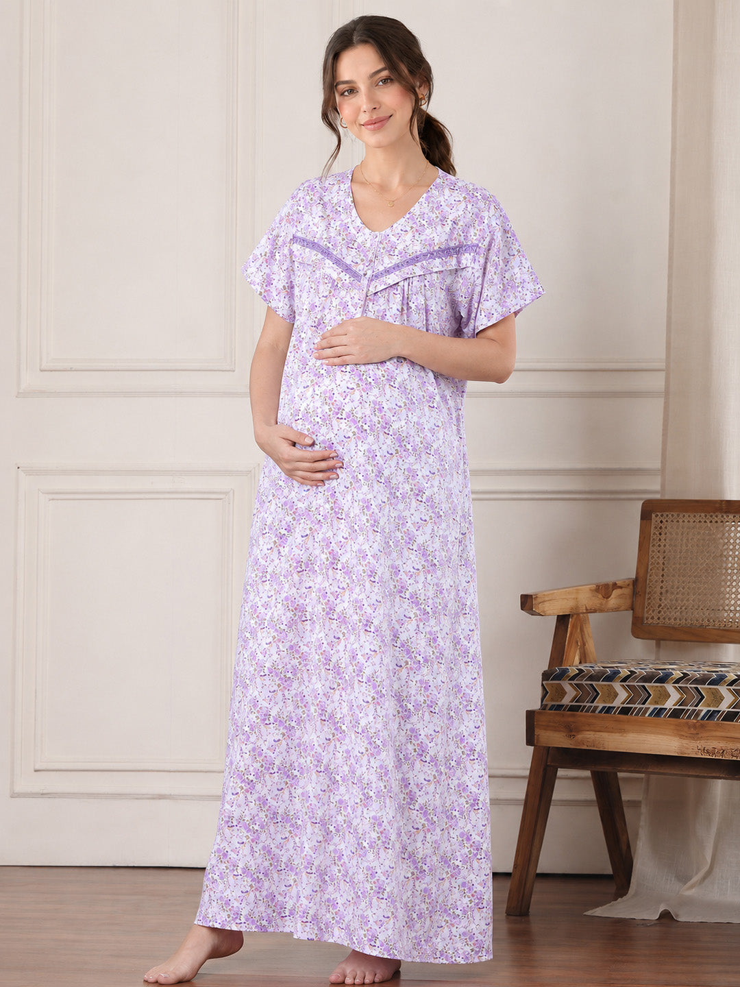 Lavender Floral Pure Cotton Maternity Nighty