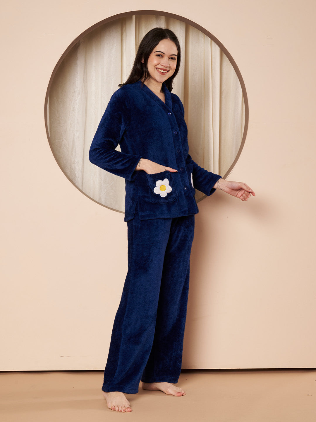 Navy Daisy Pocket Faux Fur Winter Night Suit