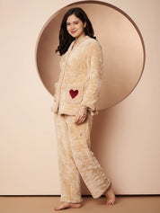 Beige Velvet Heart Faux Fur Winter Night Suit