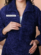 Navy Blanket Fur Maternity Winter Nighty