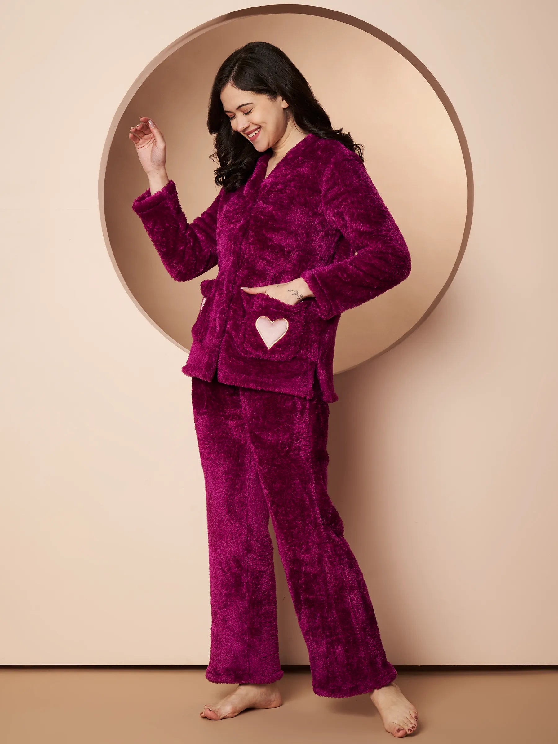 Purple Velvet Heart Faux Fur Winter Night Suit