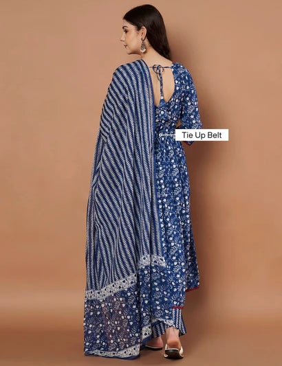 Navy Blue Floral Cotton Maternity Kurta with Trouser and Dupatta