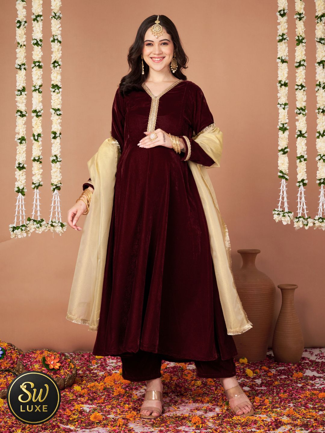 Wine Velvet Maternity Kurta Set