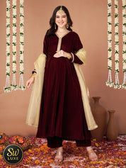 Wine Velvet Maternity Kurta Set