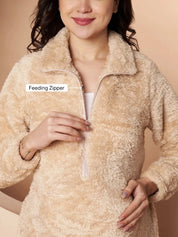 Beige Blanket Fur Maternity Winter Nighty
