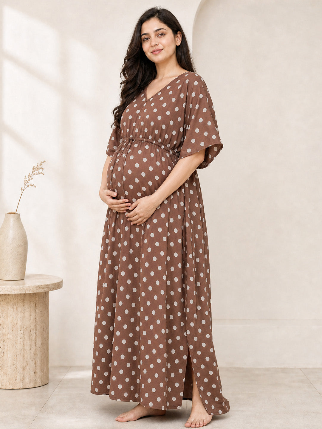 Brown Polka Dots Rayon Maternity Kaftan