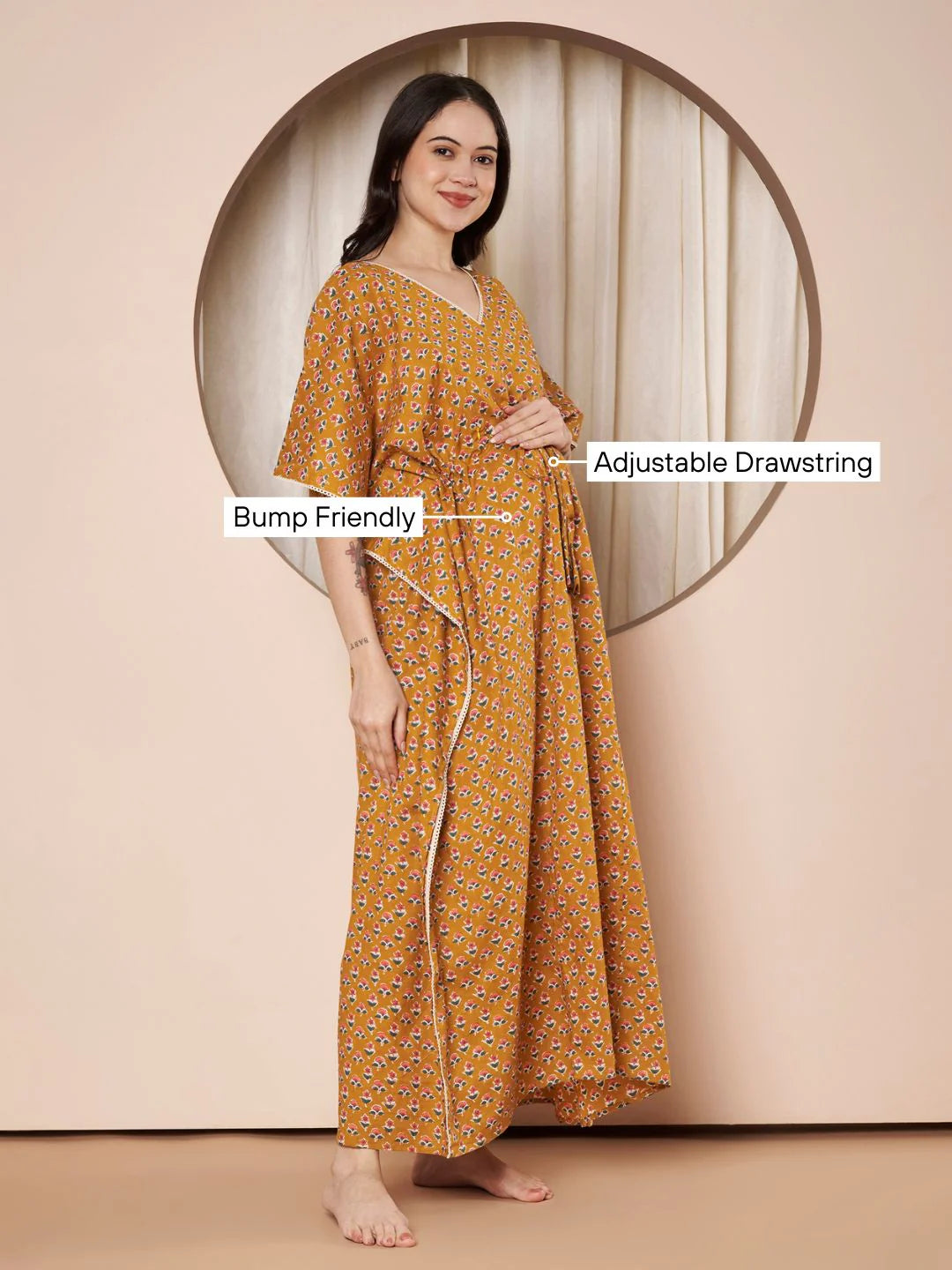 Mustard Floral Cotton Maternity Kaftan