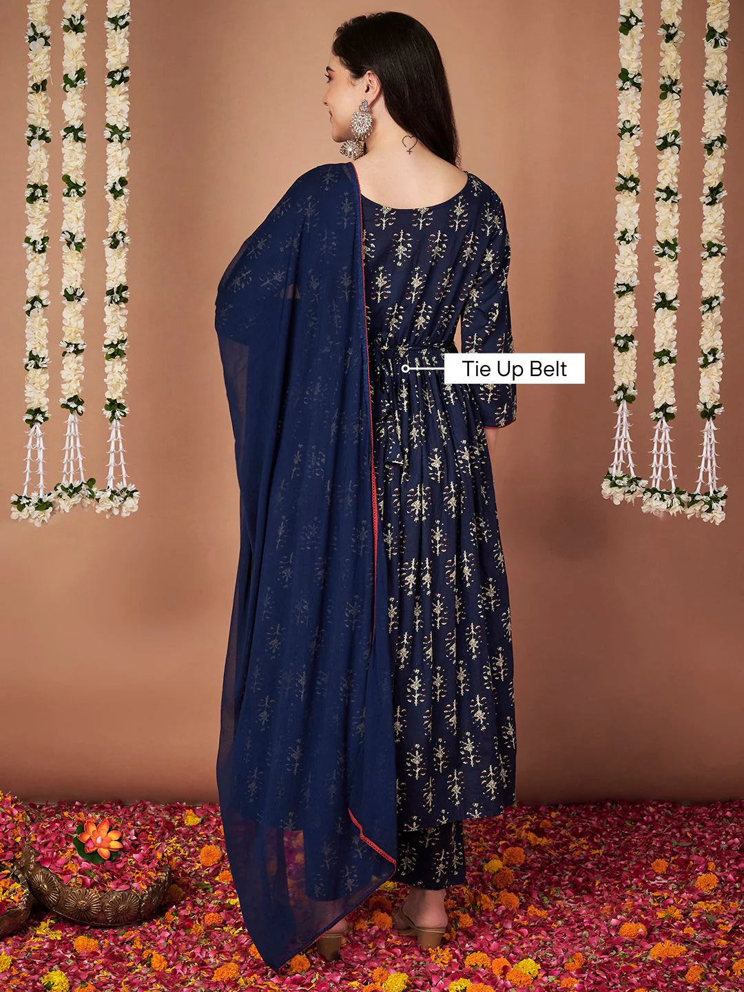 Navy Blue Ikkat Floral Print Cotton Maternity Kurta with Trouser and Dupatta