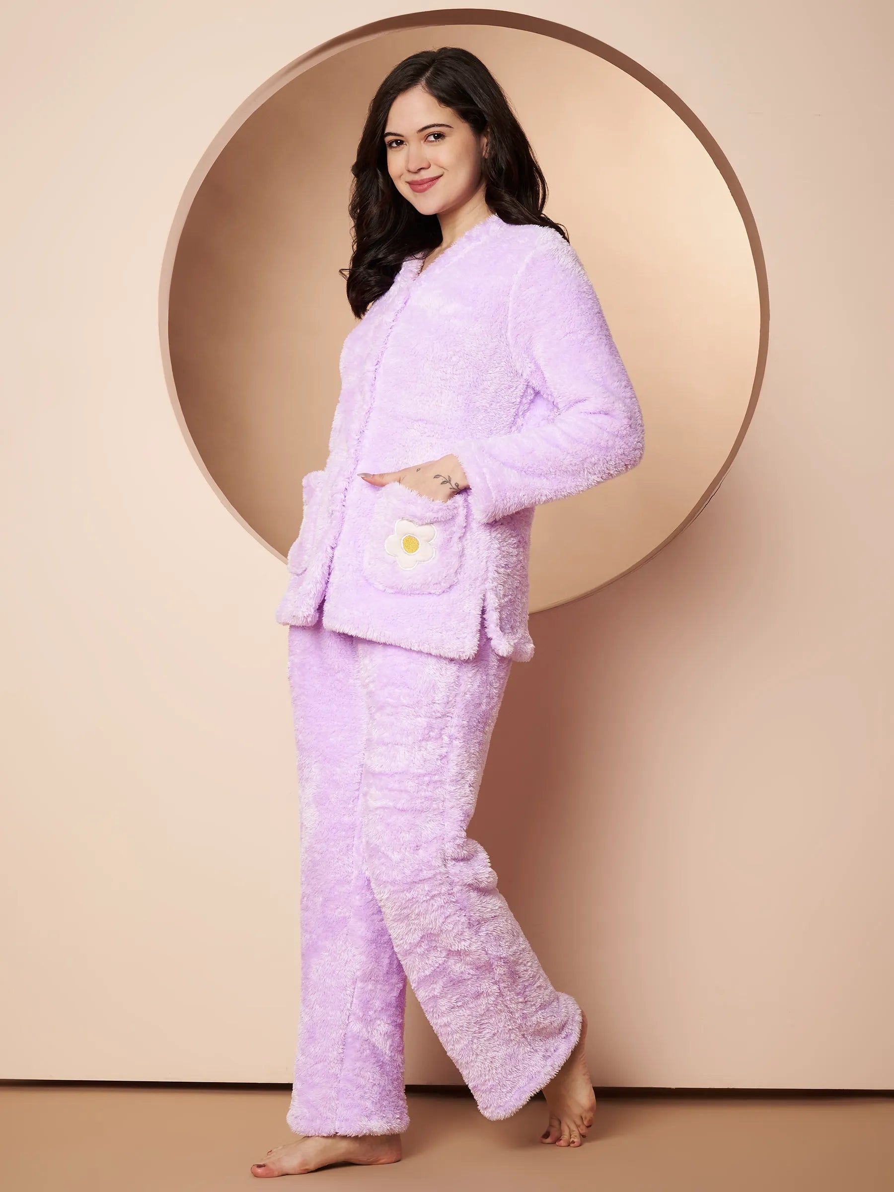 Lilac Velvet Heart Faux Fur Winter Night Suit