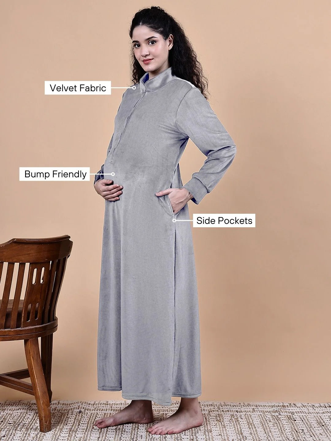 Grey Solid Velvet Winter Maternity Nighty